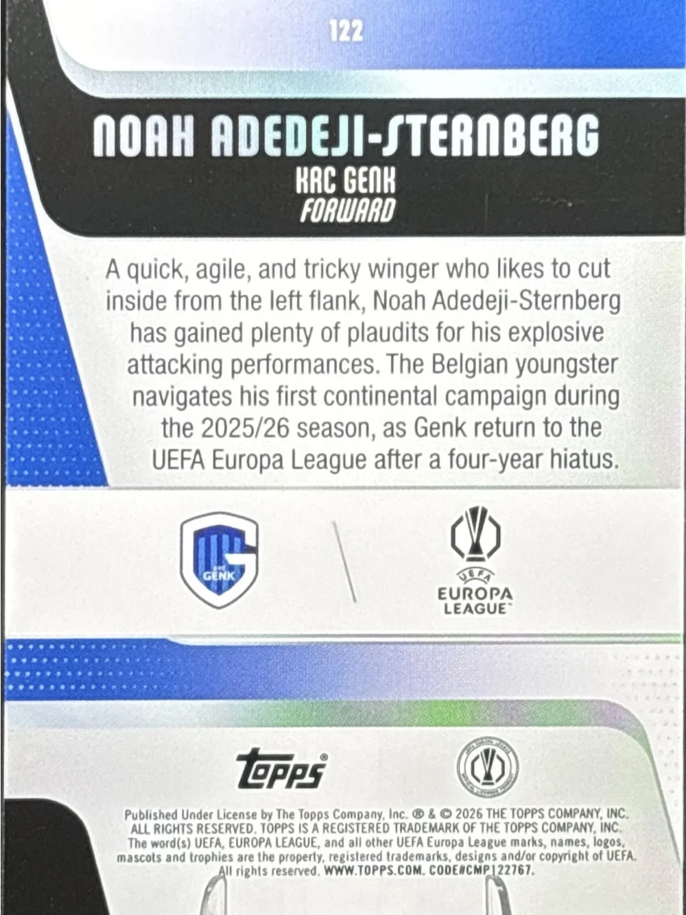 Topps Purple Refractor GENK Noah Adedeji-Sternberg Rookie Soccer Trading Card
